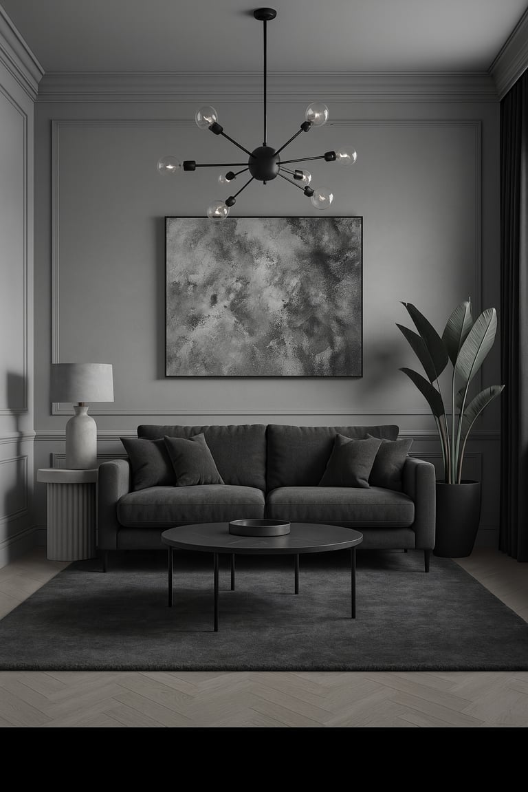 Modern minimalist living room with a dark grey sofa, sputnik chandelier, and abstract wall art.