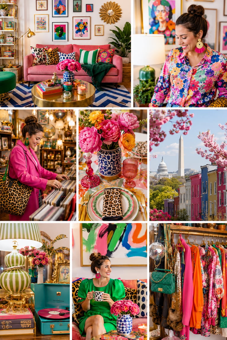 Eclectic home decor collage featuring colorful maximalist interiors, vibrant fashion, and Washington DC city views.
