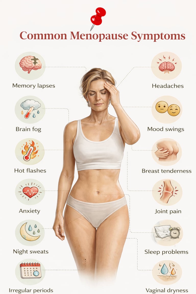 Educational infographic showing common menopause symptoms on different parts of a woman's body 