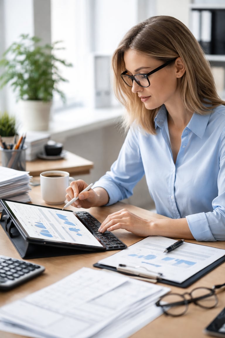 Professional female financial analyst using a tablet and stylus to review data charts at an office desk.