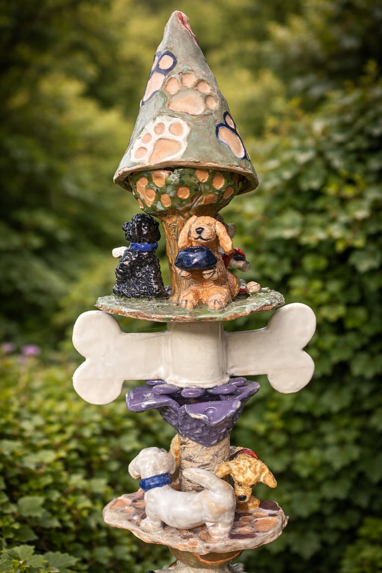 A vertical ceramic totem pole featuring a stack of various dog breeds accented with vibrant glazes.