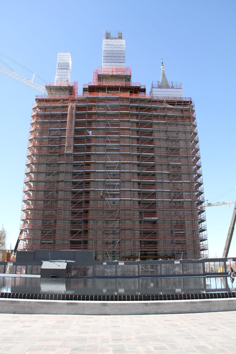 The Salt Lake City Temple for the Mormon Church covered in scaffolding