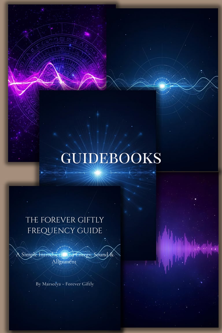 collage of Forever Giftly guidebooks with blue frequency and energy design