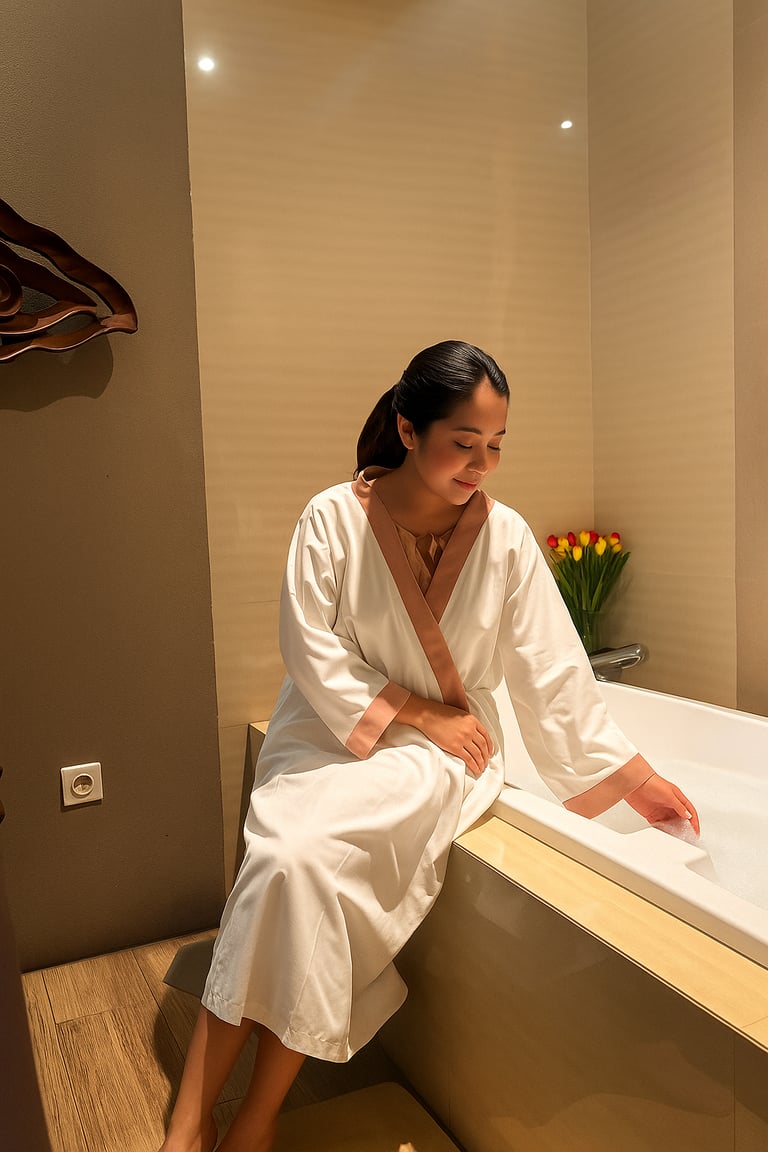 a girl playing with bathtub in spa