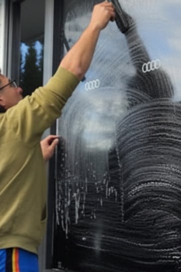 a man is cleaning a window with a brush