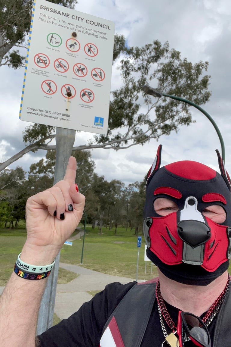 A man in the park wearing a pup mask.
