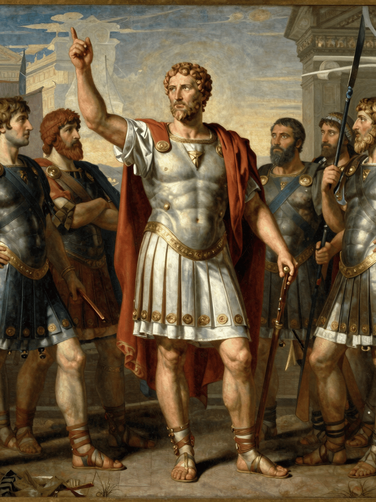 Oil painting of Julius Caesar in silver armor leading soldiers in an ancient military council.