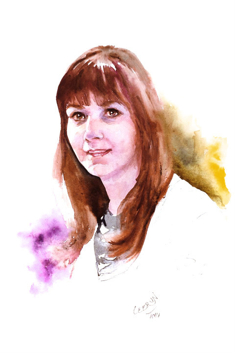 Portrait détaillé à l'aquarelle d'une femme aux cheveux bruns et à frange, sur fond blanc.