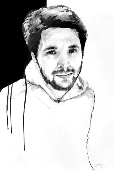 Illustration au lavis d'un portrait d'un jeune homme barbu portant un sweat à capuche.