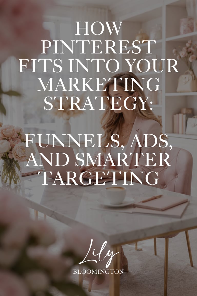 Typo "How Pinterest fits into your marketing strategy" over a soft life picture of a female entrepreneur working on laptop