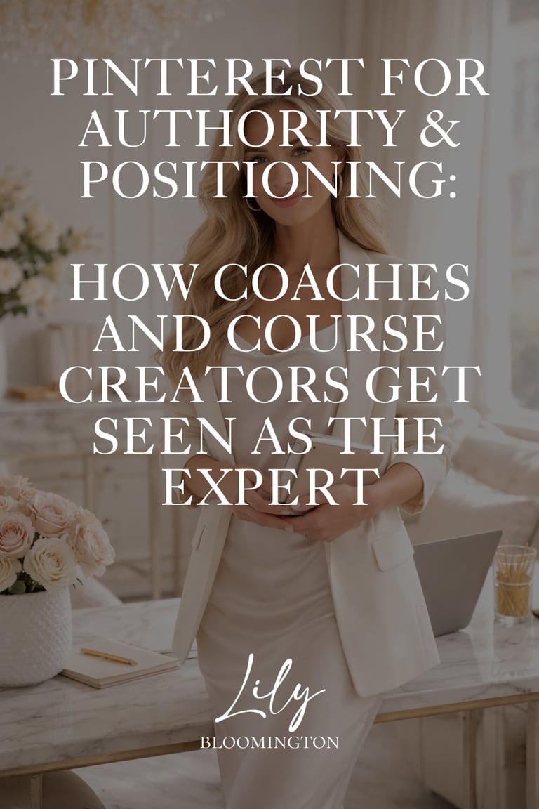 Typo "Pinterest for authority and positioning" over a picture of a business female owner standing infront of her working desk