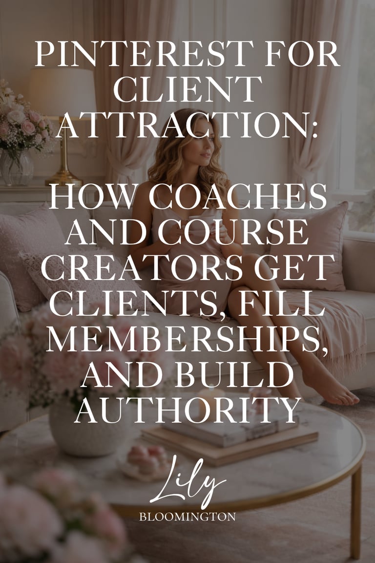 Typo "Pinterest for client attraction" over a soft life picture of a female online entrepreneur relaxing in her living room
