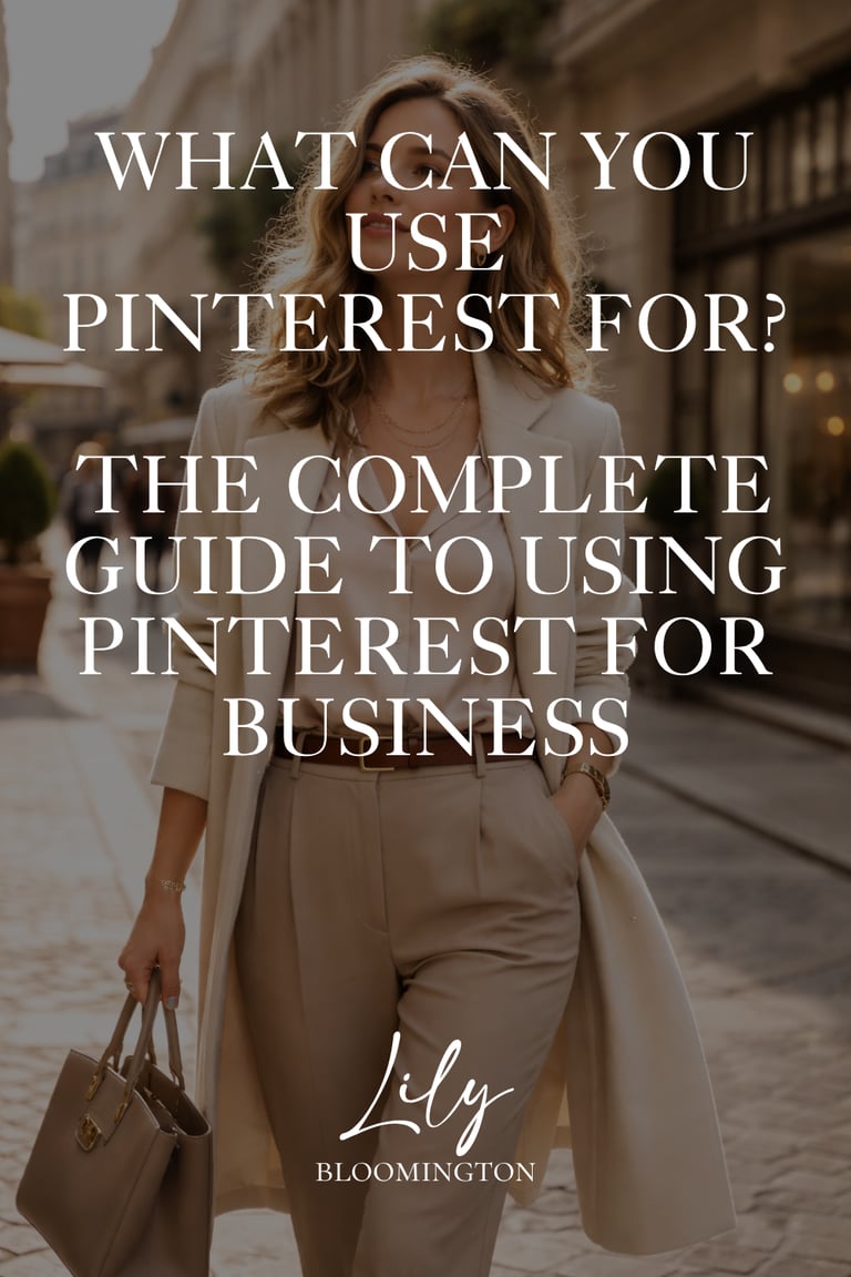 Typo "What can you use Pinterest for" over a lifestyle picture of a business woman walking on the street