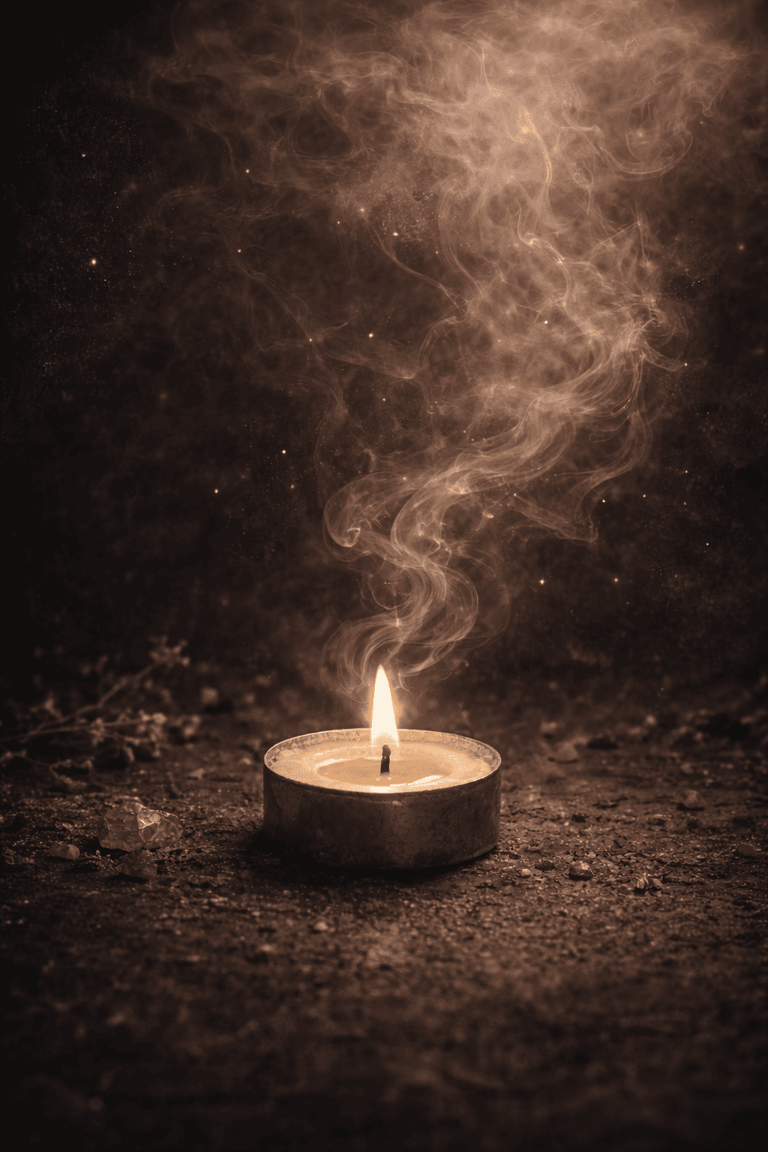 Una sola vela de té encendida, con humo atmosférico y destellos dorados, sobre una superficie oscura