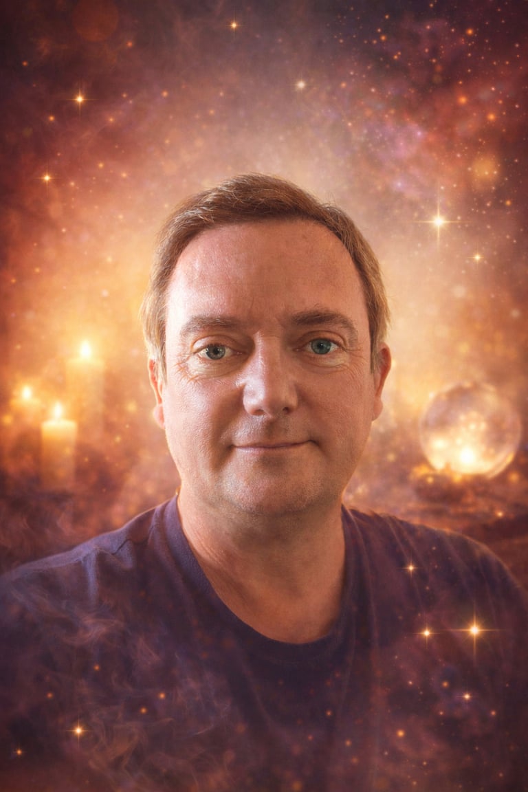 Portrait of a man with a mystical background featuring stars, candles, and a crystal ball.