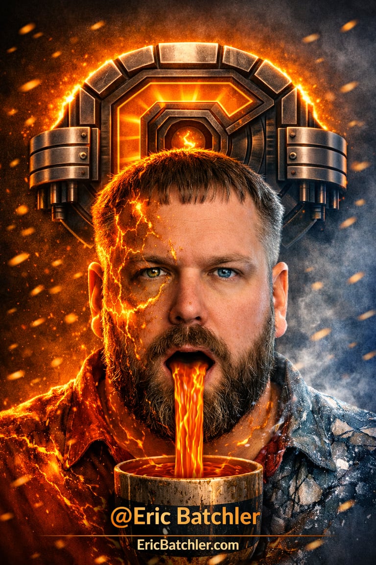Surreal digital art of a man breathing molten amber into a cup to represent the capacity book cover.