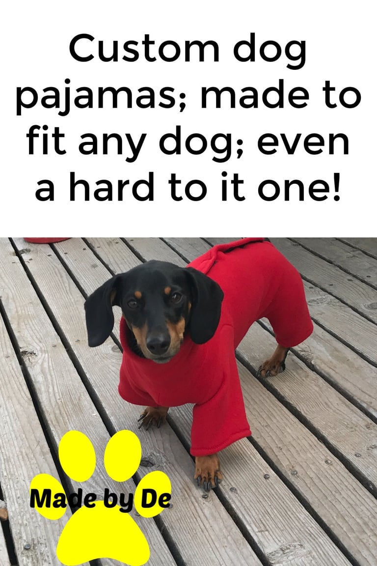 dachshund wearing red fleece dog pajamas standing on a deck