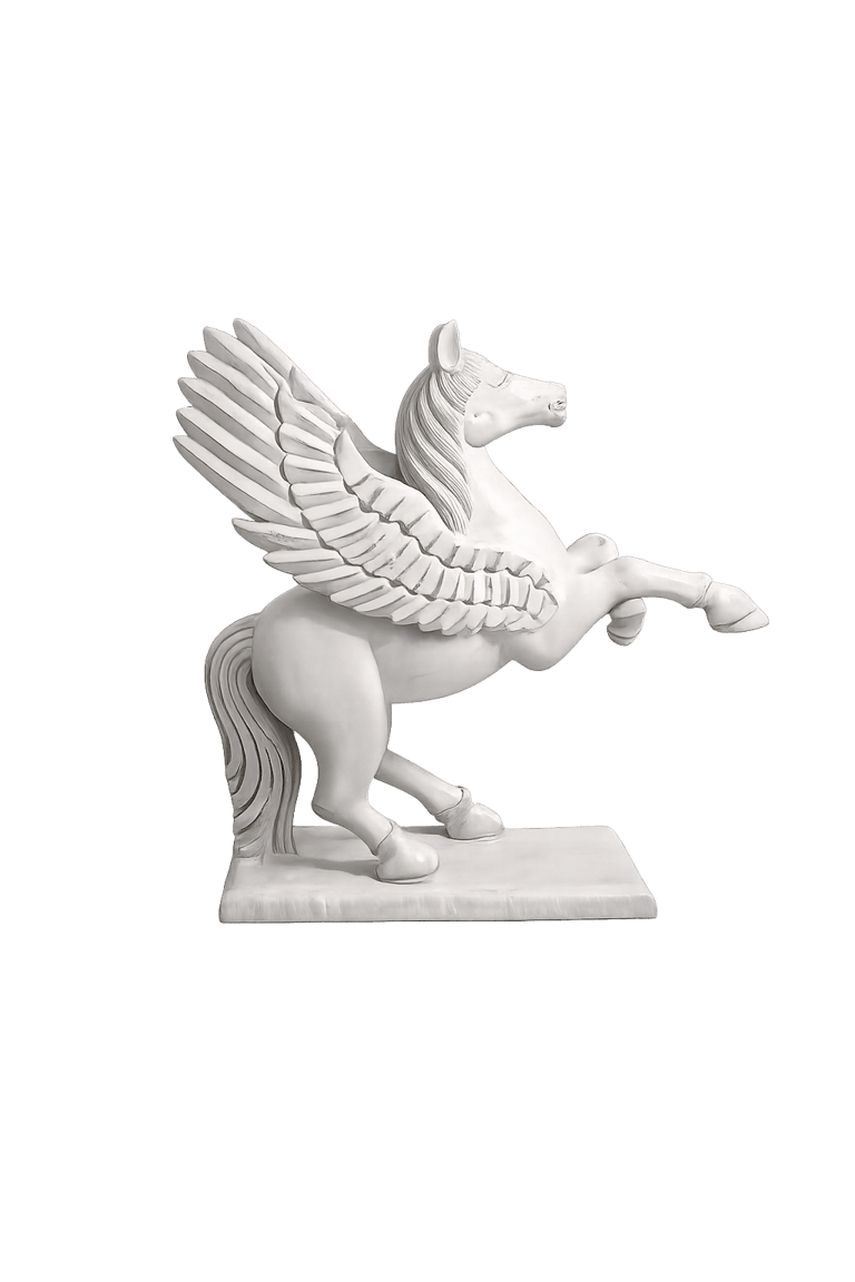 White Pegasus statue on a black background, featuring a rearing winged horse sculpture.