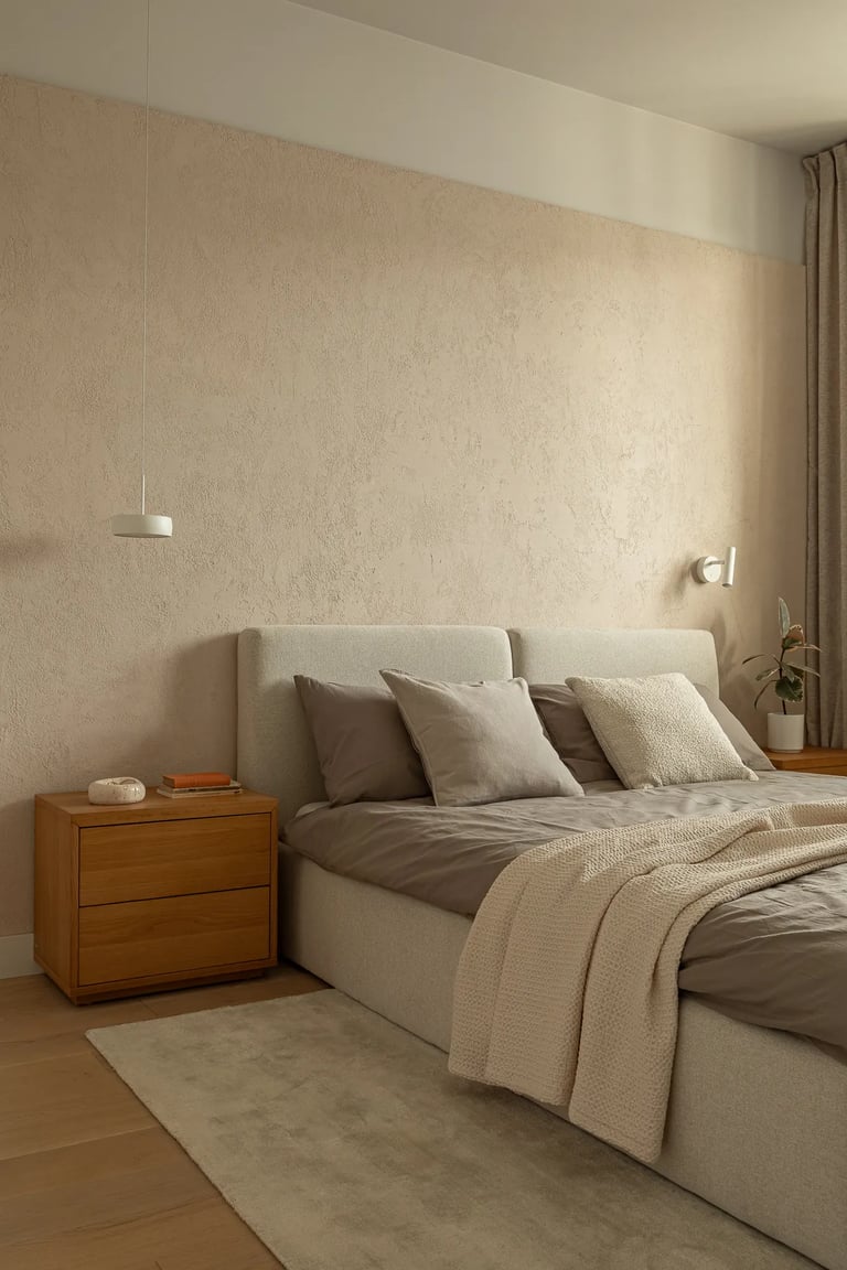 Sypialnia wabi-sabi z beżowym łóżkiem, tynkiem strukturalnym i drewnem.
