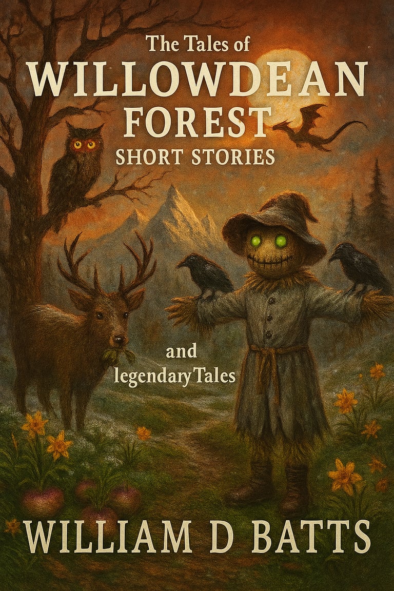 Moonlit forest scene with a glowing scarecrow, deer, owl, crows, and a dragon overhead.