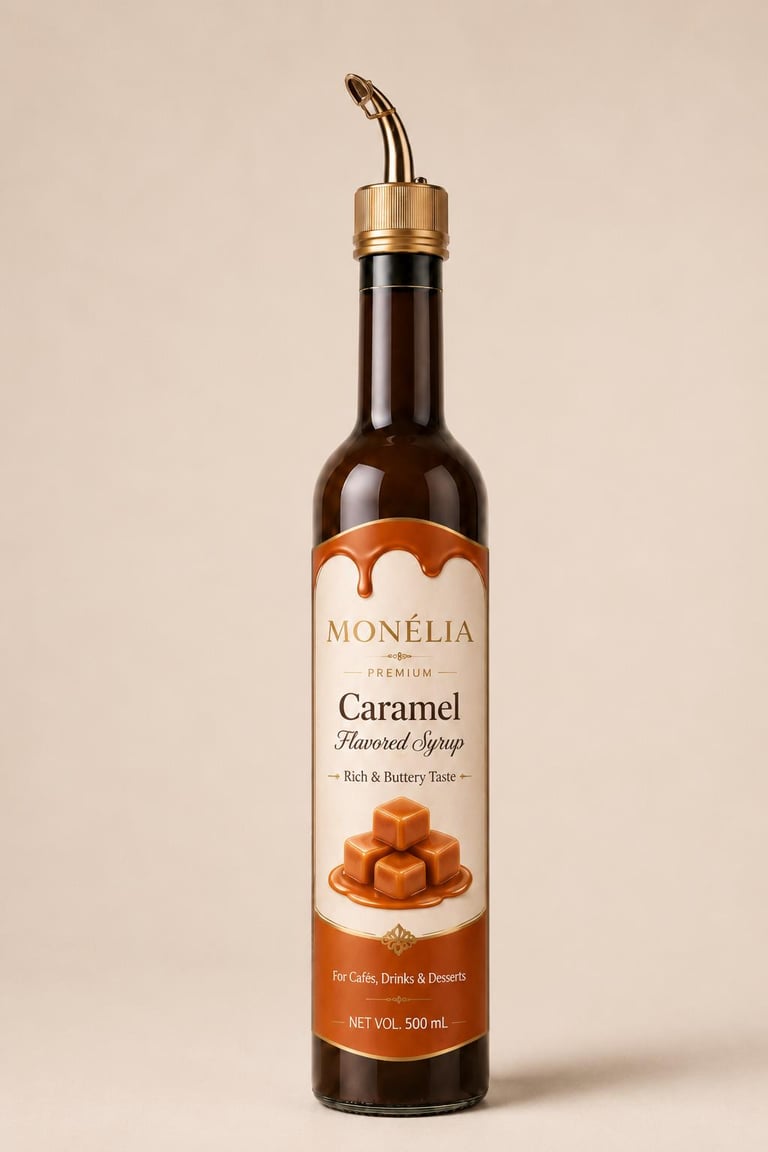 MONÉLIA Caramel Syrup 500 mL for specialty coffee frappes and desserts