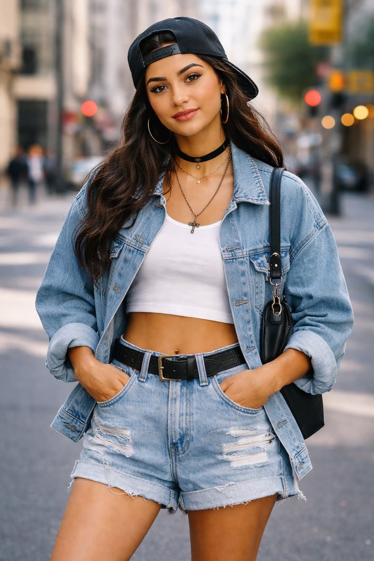 Woman wearing a 90s-inspired outfit with vintage denim and retro streetwear style.