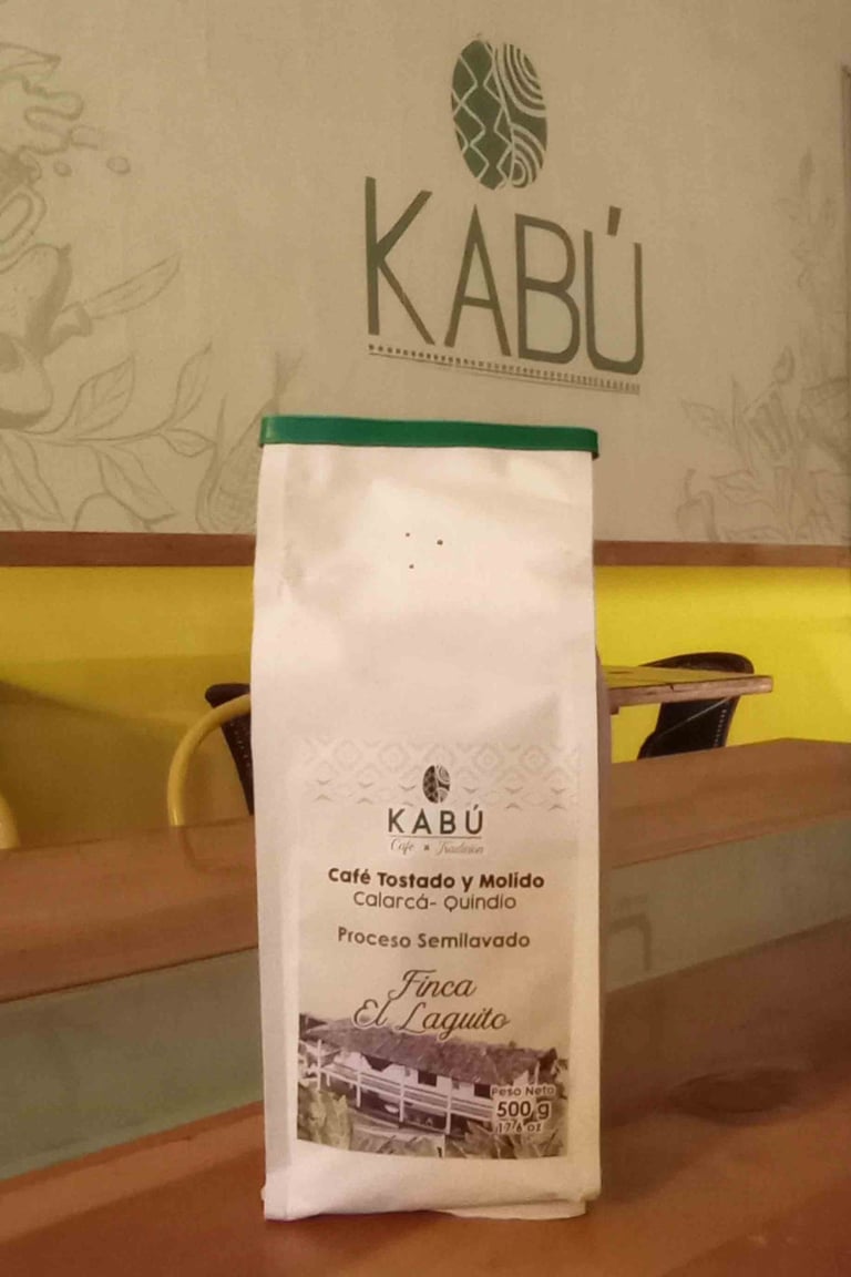 Café Tostado y molido, Proceso semi lavado, marca Kabú Café y Tradición Calarcá Quindío,