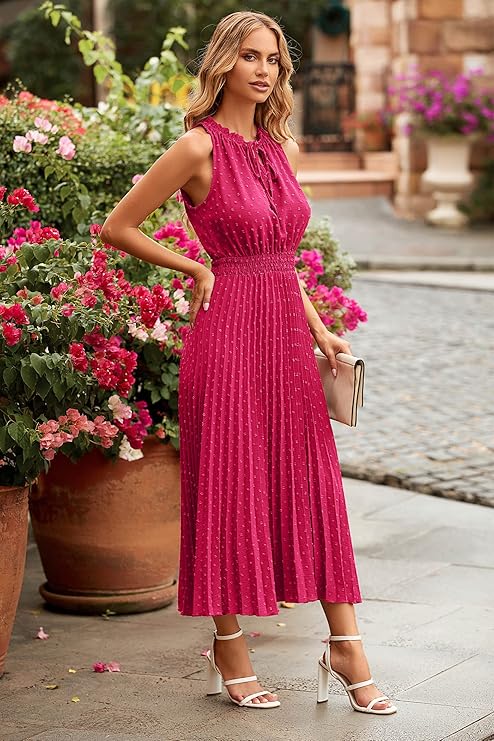 Women's Swiss Dot midi dress featuring a V-neckline, ruffle sleeveless design, smocked elastic waist