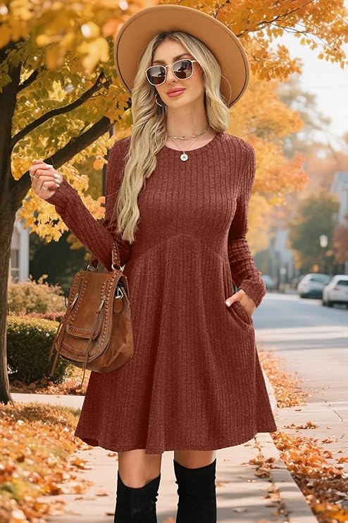 OFEEFAN women’s long sleeve empire waist tunic dress with pockets, perfect for fall and winter 