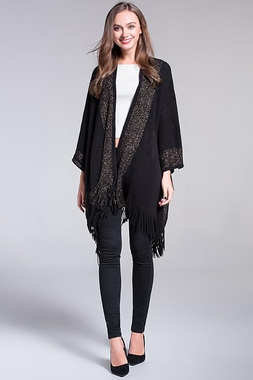 Soft knit shawl with golden trim, fringed details, and an open front—ideal for layering, weddings