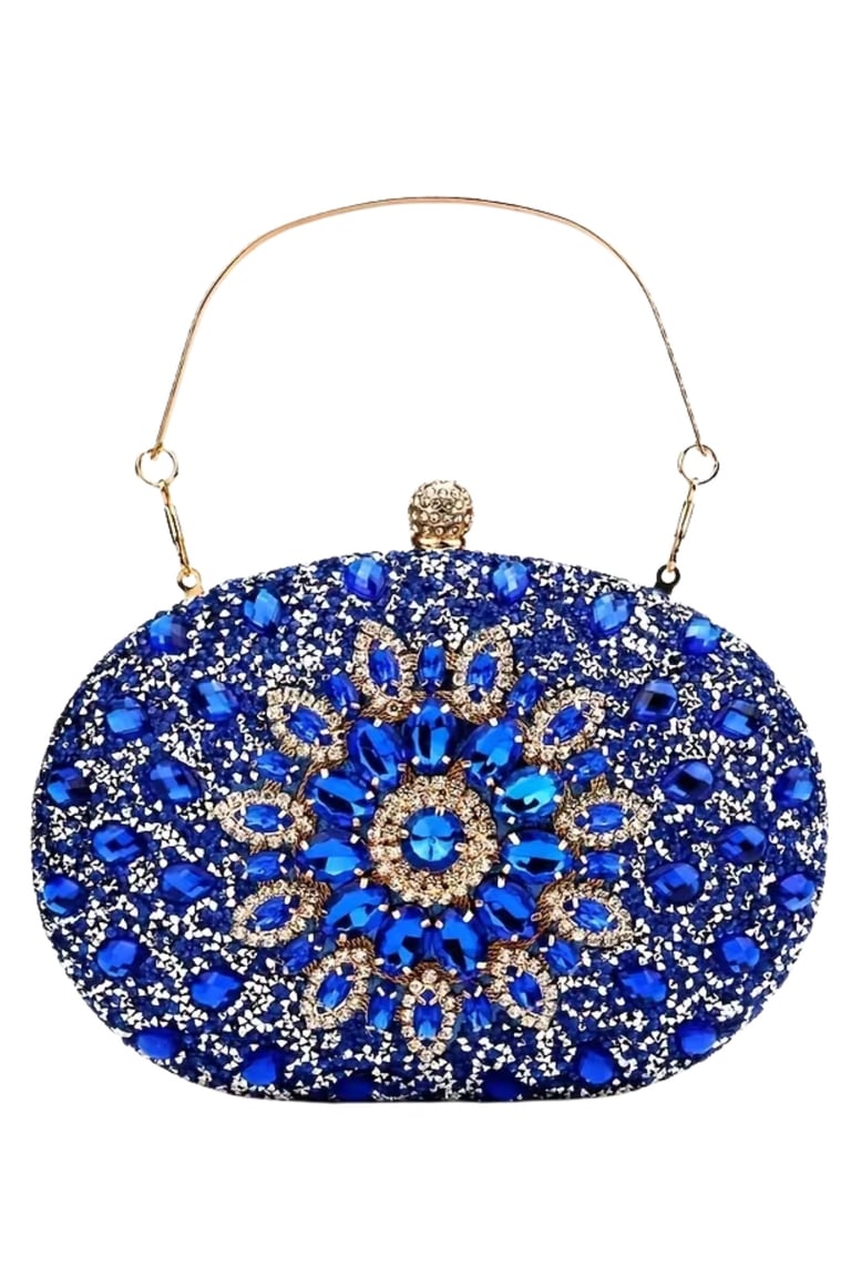 Rhinestone Flower Evening Bag – Blue Glitter Clutch for Weddings & Parties
