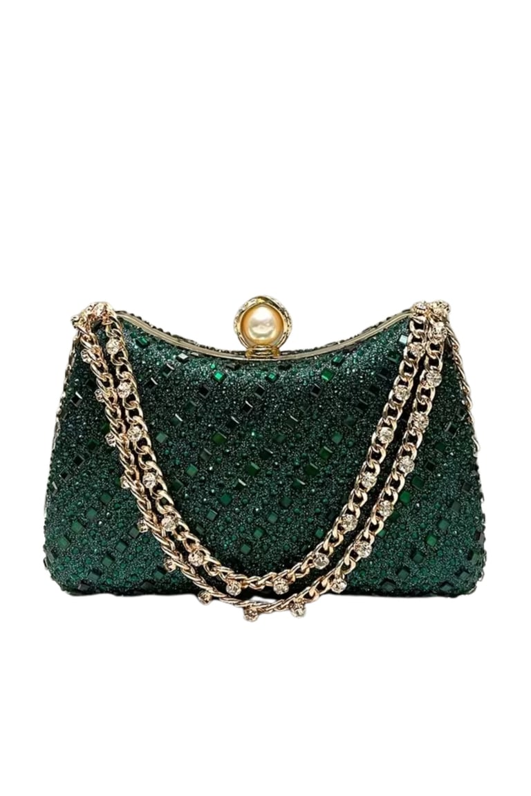 Luxurious Green Rhinestone Evening Clutch with Detachable Chain Strap