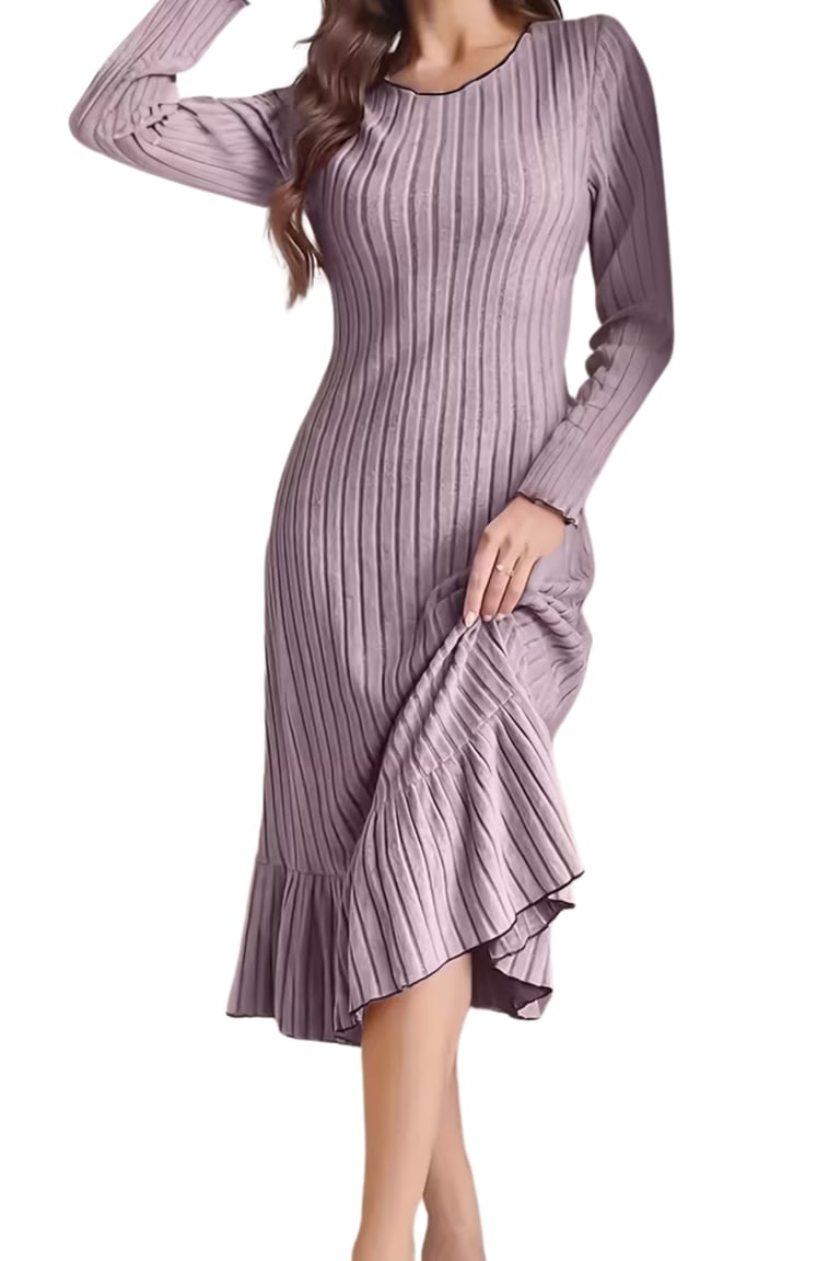 Women’s Elegant A-Line Midi Dress with Asymmetrical Hem – Elegant Purple