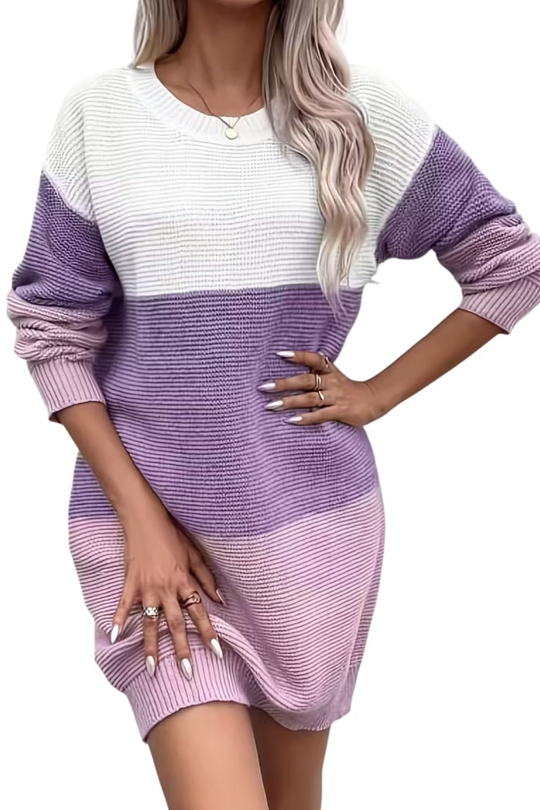 Women’s Ombre Color Block Long Sleeve Sweater Dress – White/Pink/Purple
