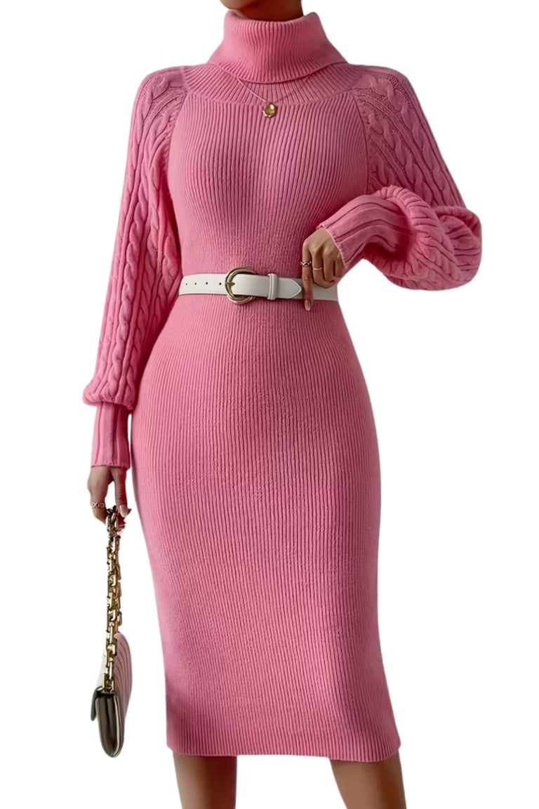 Women’s High Neck Long Sleeve Sweater Dress – Pink