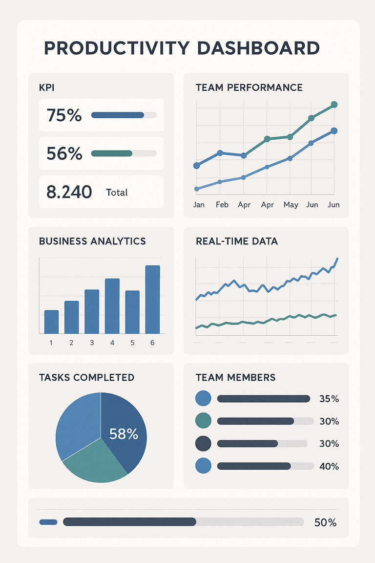 Team productivity dashboard displaying key performance metrics and analytics