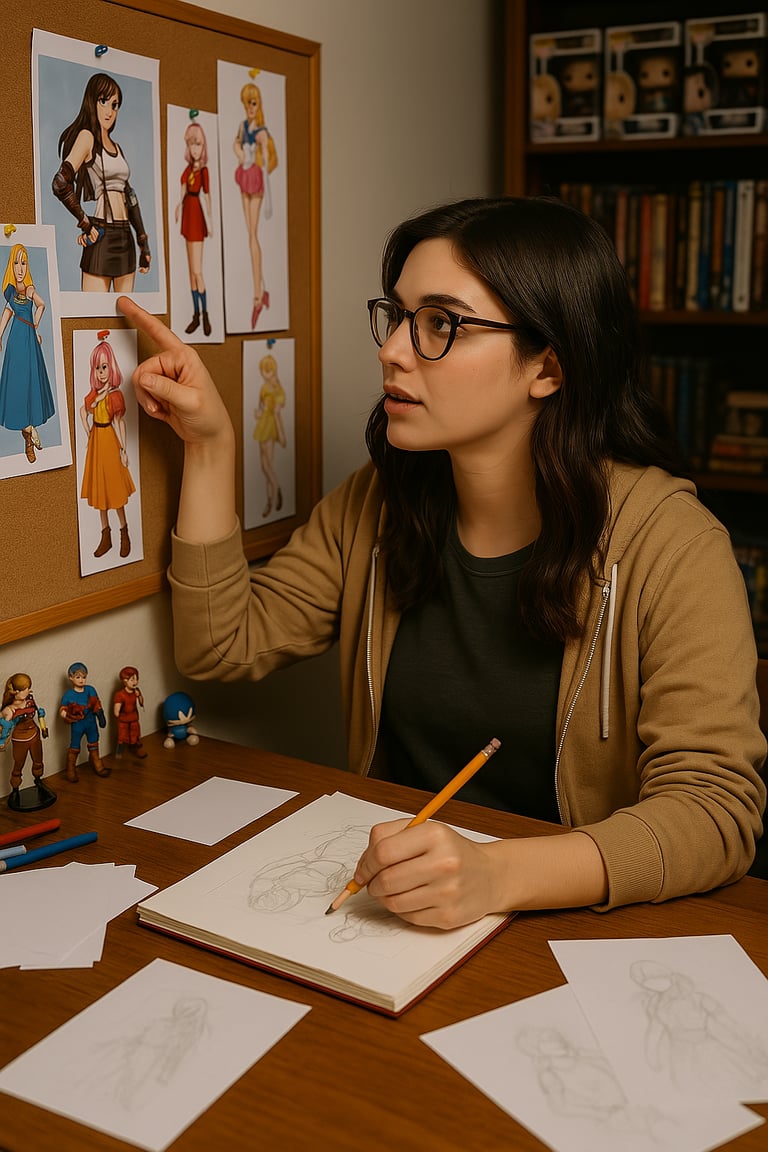 a woman is sitting at a desk with a pencil and pencil