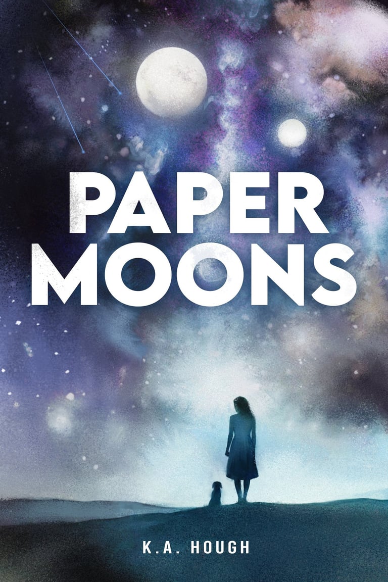 A woman and a small dog stand silhouetted in front of a galactic landscape containing two moons.