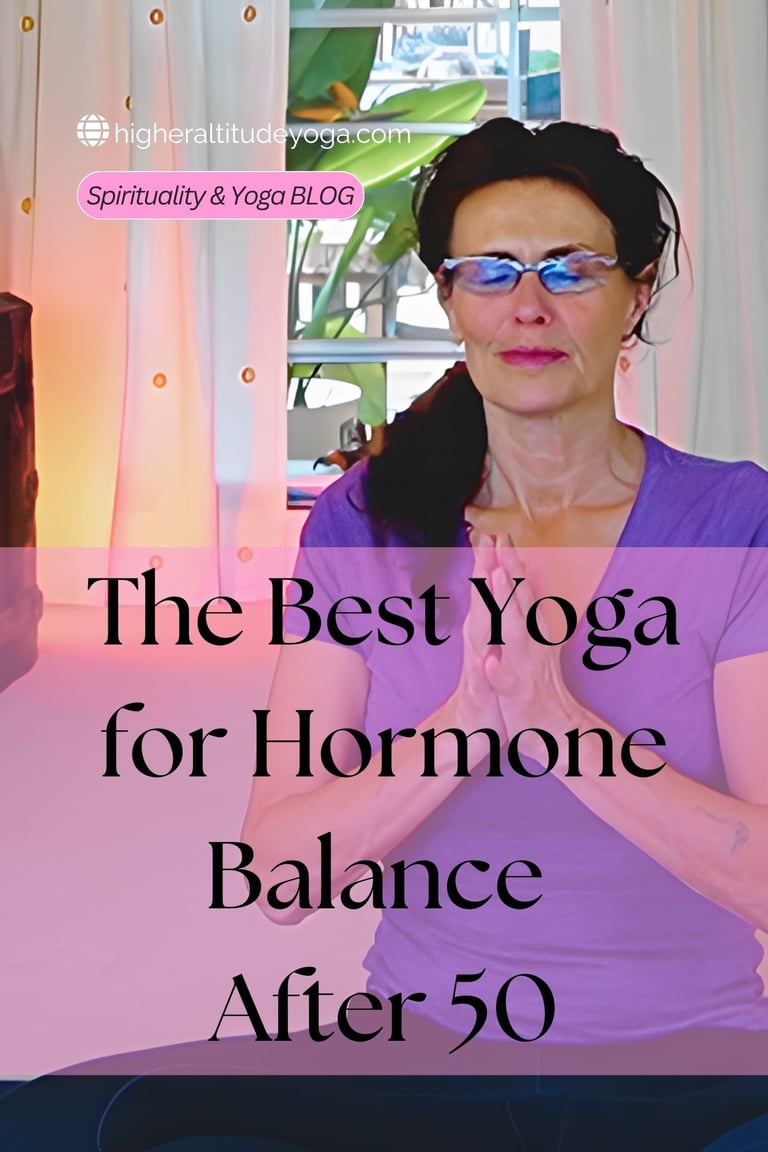 Woman over 50 practicing meditation and yoga for hormone balance with hands in prayer pose.