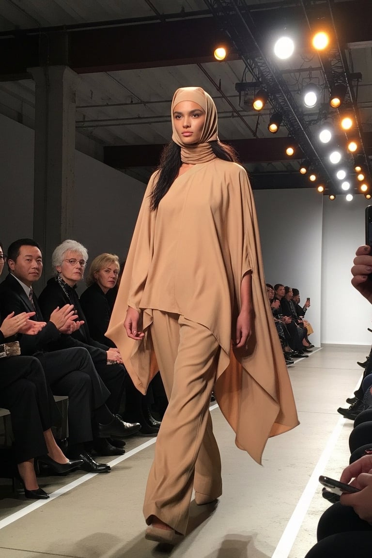 a woman in a flowy beige co-ord set on the runway