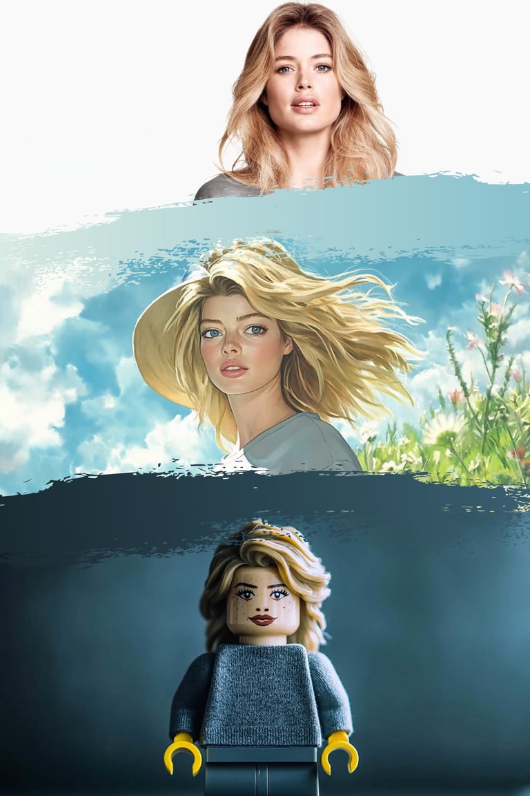 Die Frau lässt sich von der KI Fotobox fotografieren und wird zum Gemälde und Klemmbaustein Figur