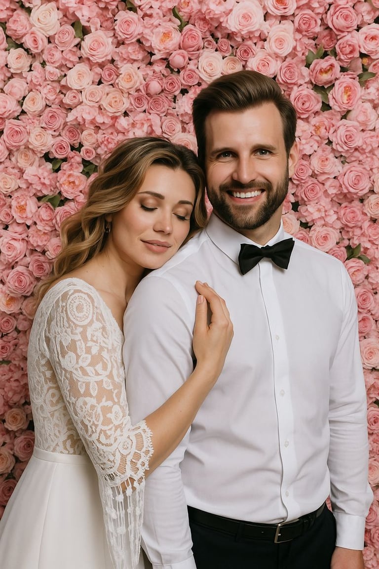 Ein Hochzeitspaar steht vor einer digitalen Blumenwand, aufgenommen von der Fotobox in Pforzheim