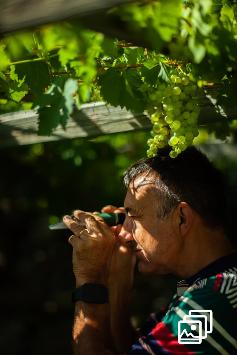 a man looking in an instrument in a vineyard