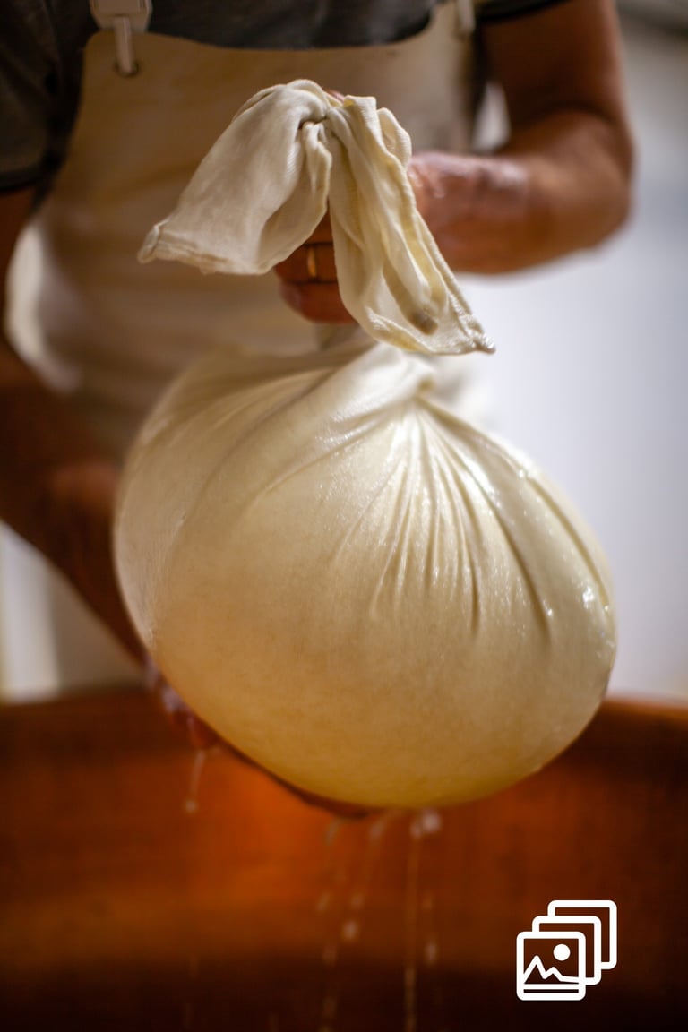 a person holding a bag of milk in a cheese factory