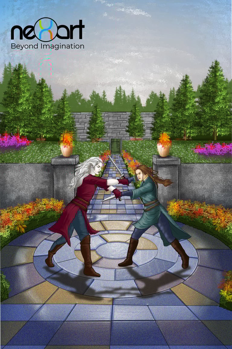 fantasy training scene of FMC in a beautfiul garden