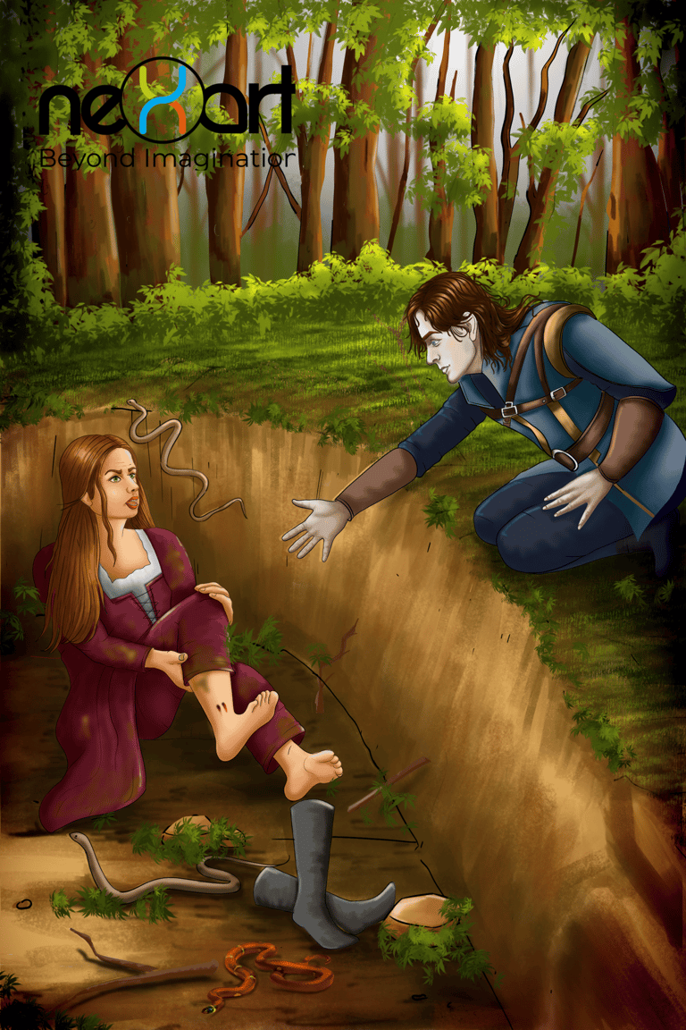 detailed fantasy illustration, mmc is saving fmc from snakes