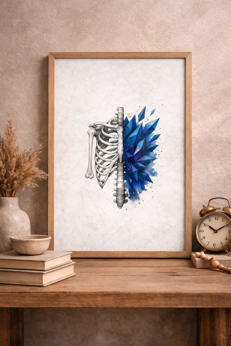 Framed wall art of a human rib cage and blue geometric crystals on a wooden table with decor.