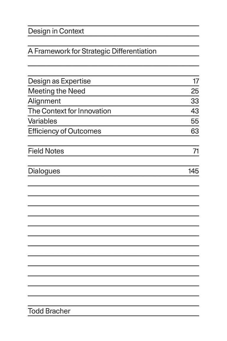 Book cover of Design in Context by Todd Bracher, a simple table-of-contents list of design topics.