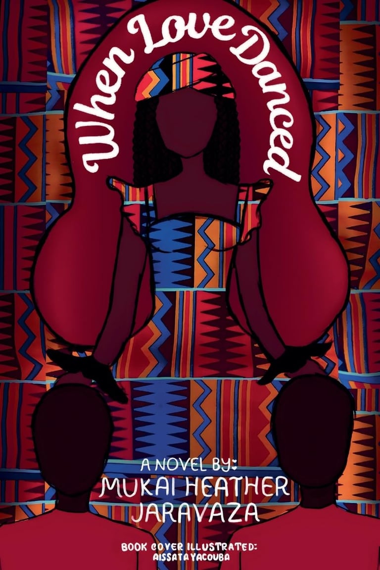 Book cover of When Love Danced by Mukai Heather Jaravaza, a brown-skinned woman in a colorful dress.