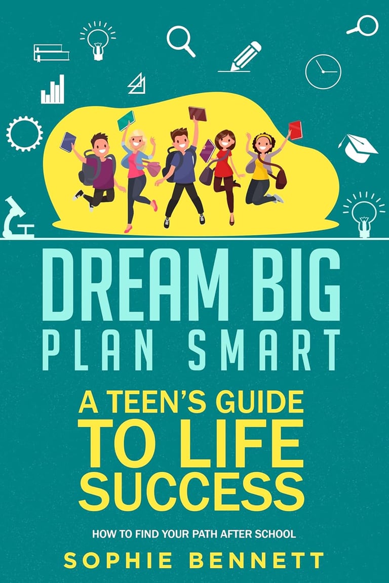 Book cover of Dream Big, Plan Smart by Sophie Bennett. Five teens jump against a green background.